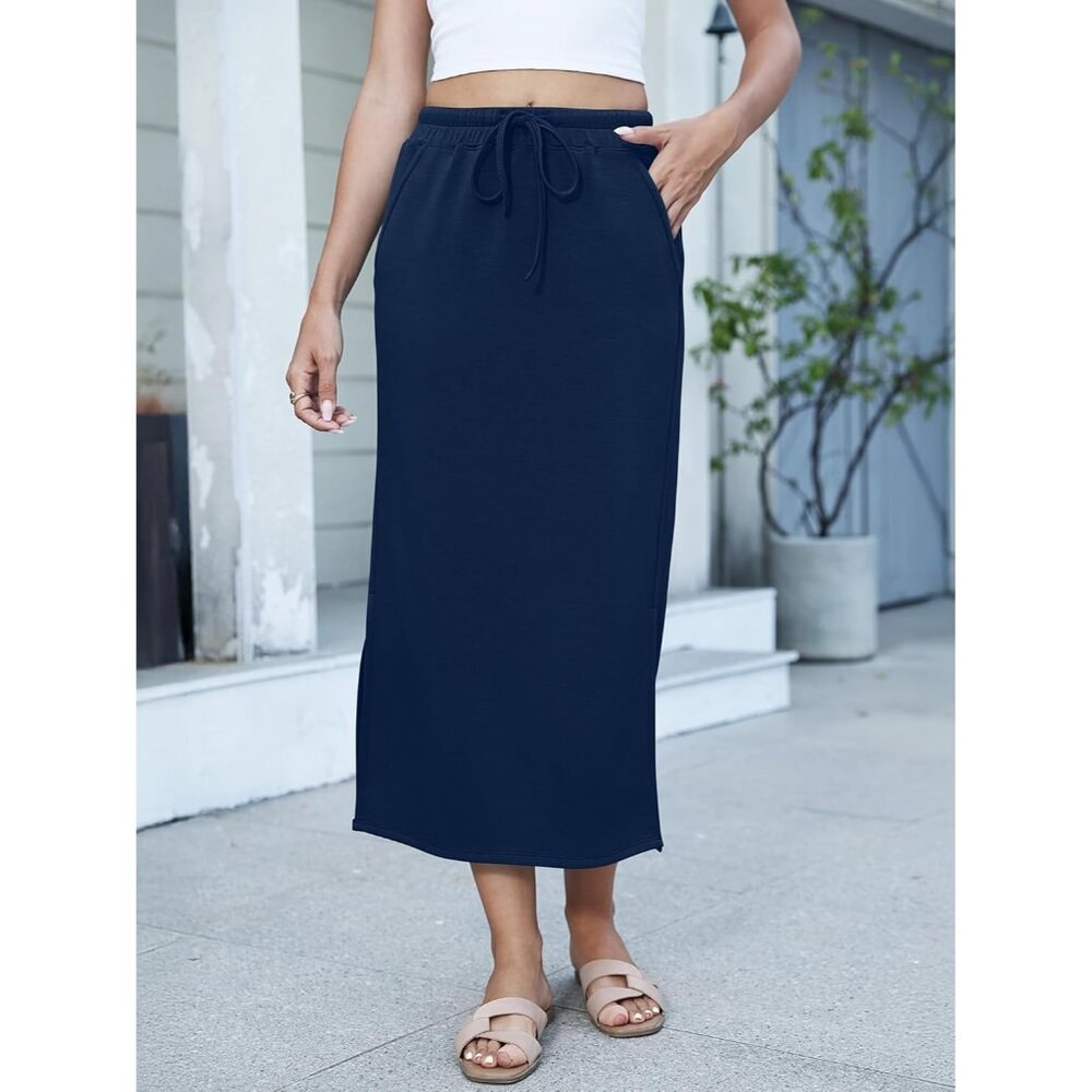 Women's Navy Blue Drawstring Side Slit Spring Casual Pencil Pockets Maxi Skirt - Picture 5 of 6